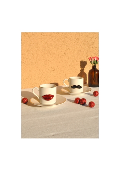2 Kişilik Porselen Gold Yaldızlı Love Kahve Fincanı 90 Ml Dudak Bıyık Hediyelik