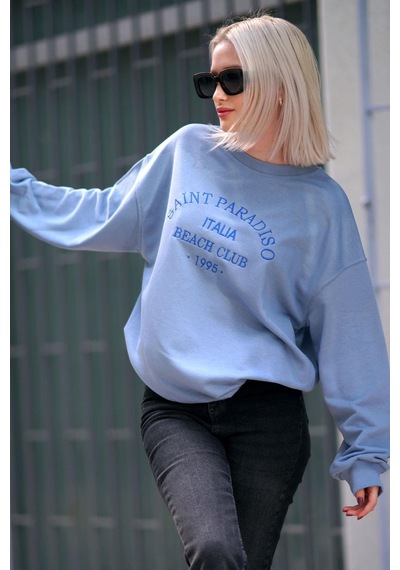 Madmext Mavi Bisiklet Yaka Baskılı Sweatshirt Mg1924 Mavi