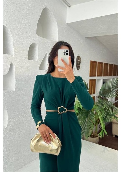 Neşeli Butik Kadın Bel Dekolteli Toka Detaylı Uzun Kollu Elbise Nbmy3655 Yeşil