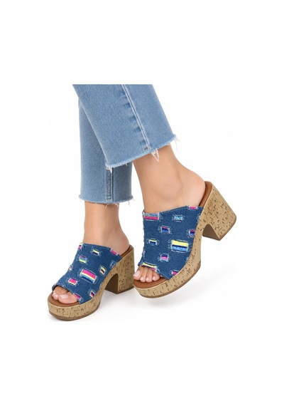 Asmi Shoes Kadın Gresa Mavi Mantar Taban Ortopedik Platform Topuklu Terlik