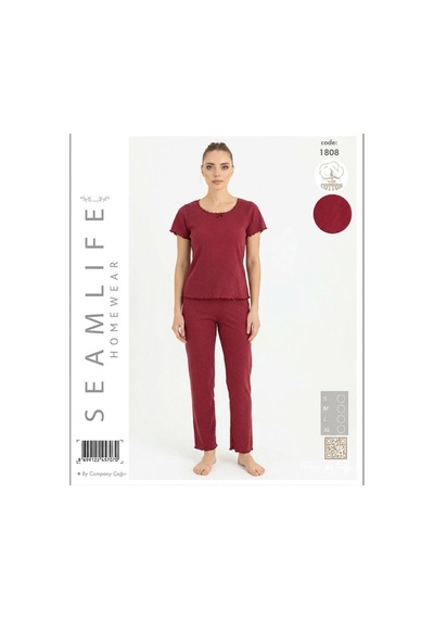Seamlife Kadın %100 Pamuk Kalp Desenli Kısa Kollu Pijama Takımı 466542 Bordo