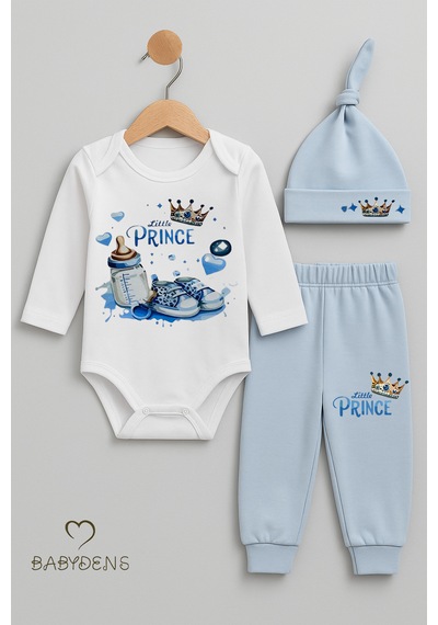 Babyden's Little Prince 3 Lü Erkek Bebek Takımı Uzun Kollu %100 Pamuk Body, Pantolon Ve Şapka Seti Mavi Açık Mavi