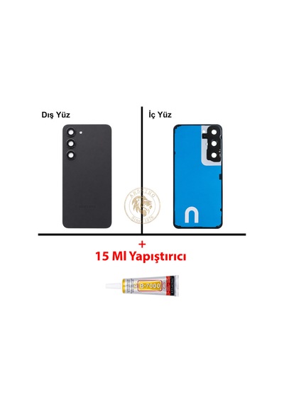 Samsung Galaxy S23 Siyah Renk Lensli Arka Kapak + B7000 Yapıştırıcı Arka Cam Batarya Kapağı Pil Kapağı Lazer Kesim Back Cover Galaxy S23 Uyumlu