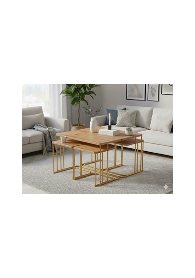 Usta Mekan Seul 5 Li Tekerli Gold Ceviz 4+1 Kare Orta Sehpa Altın