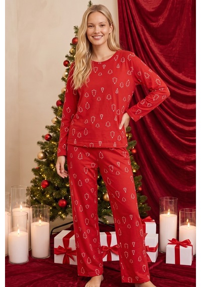 Siyah İnci Yılbaşı Temalı Desenli Termal Kumaşlı Ultra Soft Yumuşak Örme Pijama Takımı 26226315 Kırmızı