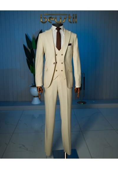 Bys Beystil Sivri Yaka Ekru Takım Elbise Nikol - Slim Fit