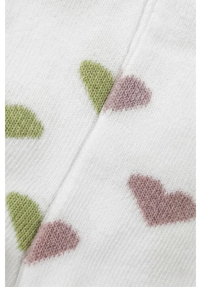 Cocole Socks Kız Bebek Patik Çorabı 2 Li Set Pamuklu Beyaz Zemin Üzeri Yeşil & Mürdüm Kalp Desenli Çok Renkli
