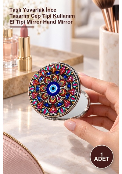 1 Adet El Aynası Taşlı Yuvarlak İnce Tasarım Cep Tipi Kullanım El Tipi Mirror Hand Mirror Diğer