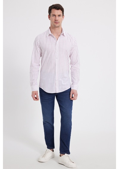Tudors Erkek Slim Fit Dar Kesim Uzun Kollu %100 Pamuk Keten Doku Çizgili Gömlek-42650 Beyaz
