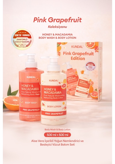 Nemlendirici Vücut Bakım Seti Kundal Honey&macadamia Pure Body Wash+lotion Pink Grapefruit Edition