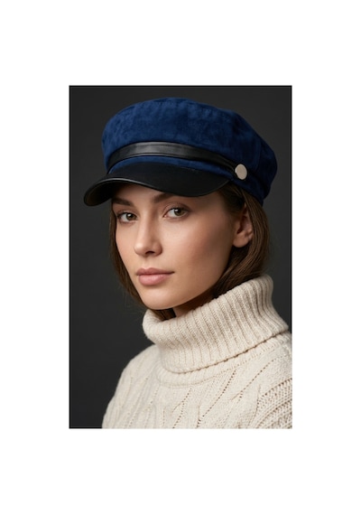 Emybox Kadın Süet Dokulu Deri Siperlikli Kaptan Şapka Vintage Kasket Şerit Detaylı Kışlık Ressam Şapkası Baker Boy Trend Aksesuar Saks Mavisi