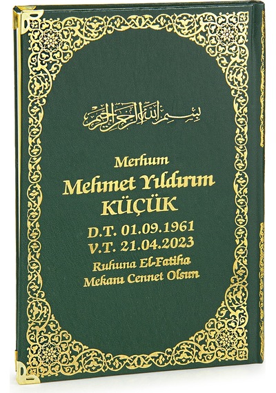 50 Adet İsim Baskılı Kutulu Tesbihli Orta Boy Deri Ciltli Yasin Kitabı Mevlüt Hediyesi Yeşil