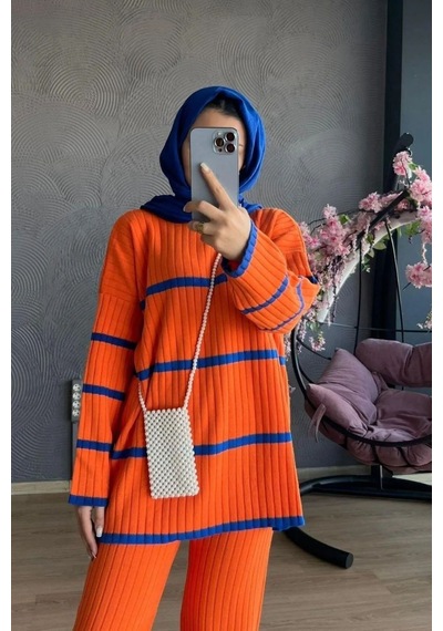 De Pose Iki Renkli Mevsimlik Ince Kumaş Triko Takım turuncu