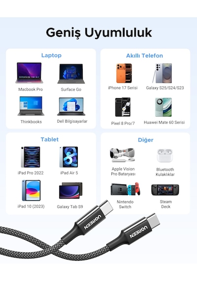 Ugreen USB-C 60W 3A QC PD Örgülü Hızlı Şarj Kablosu 1 M Siyah 35254