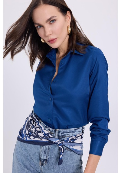Tudors Kadın Slim Fit Dar Kesim Vücuda Oturan Uzun Kollu Lacivert Basic Gömlek-38823 Lacıvert