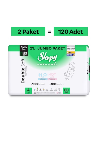 Sleepy Natural Double Soft Avantajlı Mega Paket Bebek Bezi 4 Numara Maxi 120 Adet