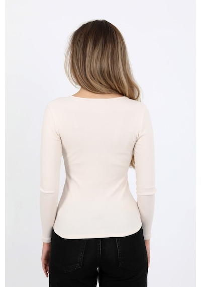 Hdm Kadın Fildişi Uzun Kollu Fitilli Patlı Düğmeli Basic Örme Bluz - H6162 Ekru