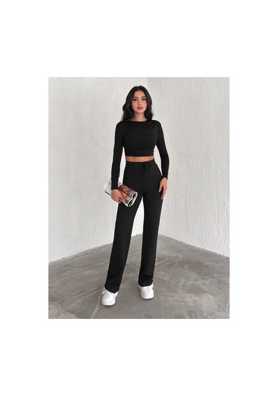 Winmoda34 Kadın Bol Paça Fitilli Pantolon Wide Leg Eşofman Altı Siyah