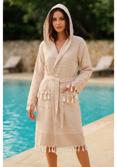 Kapşonlu Unisex Peştemal Plaj Bornozu %100 Pamuklu Seaside Stripe Kahverengi