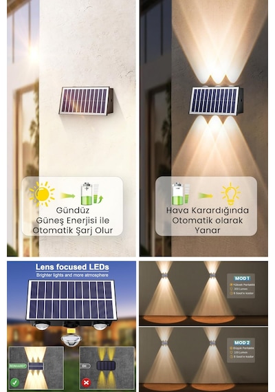 Trendpoint 2adet Solar Çift Taraflı 6ledli Aplik Sarı Işık Duvar Lamba Bahçe Aydınlatma Güneşle Şarj