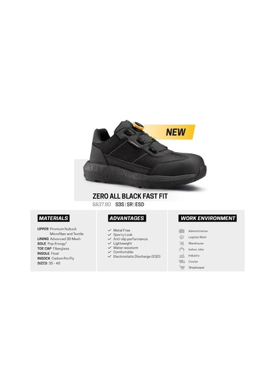 Toworkfor Zero All Black Fast Fit S3s Sr Esd Kompozit Burun İş Ayakkabısı Siyah