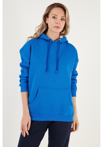 Lela Regular Fit Pamuklu Kapüşonlu Yaka Şardonlu Kışlık Bayan Sweat 5863854 Saks