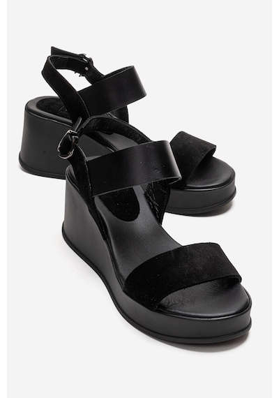 Luvishoes Lolanthe Siyah Cilt Siyah Süet Hakiki Deri Kadın Dolgu Topuklu Sandalet