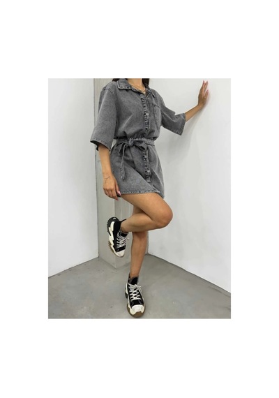 Kene Jeans Kuşaklı Full Düğme Kapamalı Kısa Kot Elbise Kar Siyah
