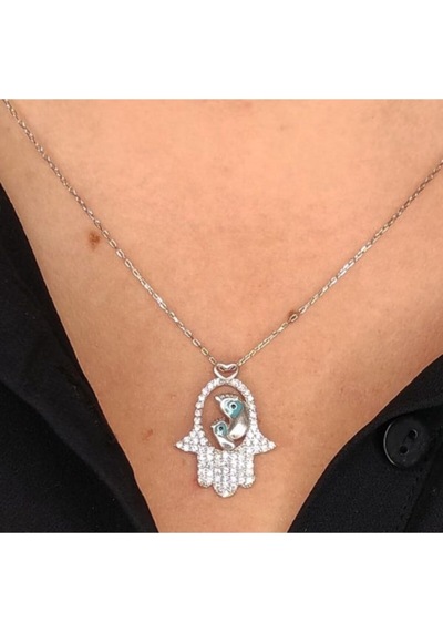 Oriental Kuyumculuk Jewellery Kadın Gümüş Mine Taşlı Fatma Eli Bebek Ayağı Kolye 925 Ayar Gümüş