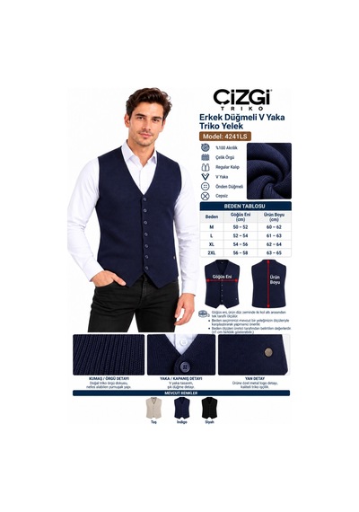 Çizgi Triko Erkek Düğmeli V Yaka Regular Kalıp Triko Yelek Bgl-st05772 İndigo