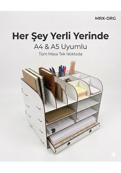 Mrx-org Desk 02 Masaüstü Organizer A4 & A5 Evraklık Kalemlik Çok Bölmeli Ahşap Masa Düzenleyici Beyaz