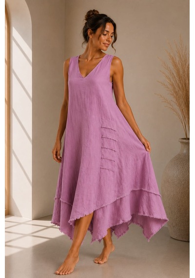 Bb Butik Basic İtalyan Keten V Yaka Asimetrik Salaş Elbise Dm0935 Pudra