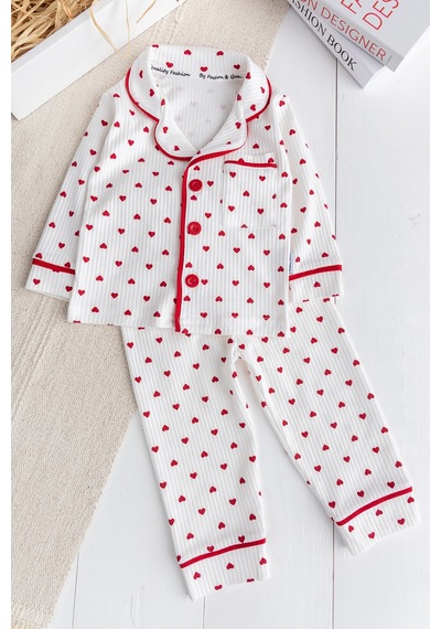Babymod Minik Kap Desenli Düğmeli Pamuk Kız Bebek Pijama Takımı Krem