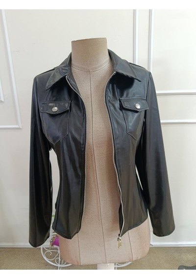 Butik İstanbul Kadın Uzun Kollu Önden Fermuarlı Cepli Kısa Deri Ceket Siyah