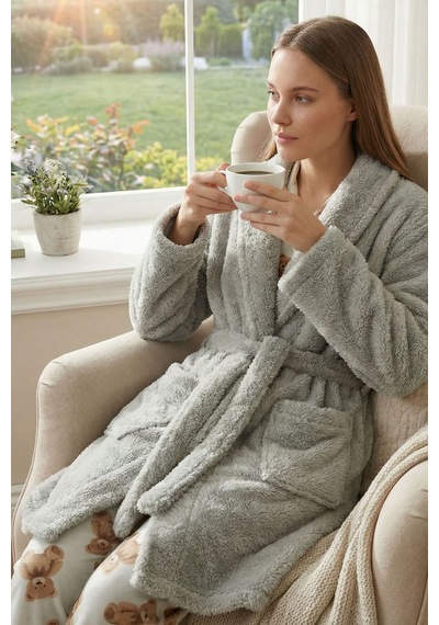 Şal Yaka Wellsoft Sabahlık & Peluş Bornoz-yumuşak, Polar Unisex Sabahlık Gri