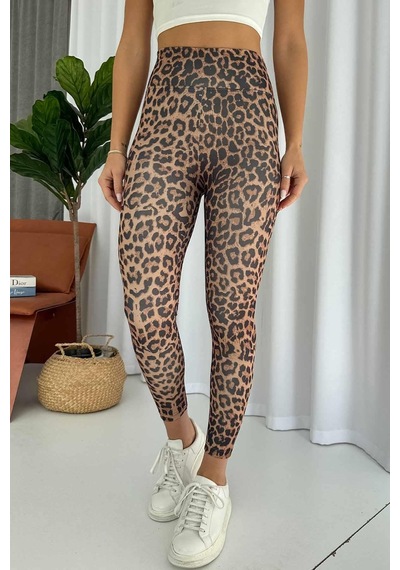 Leopar Desen İçi Şardonlu Kadın Toparlayıcı Tayt - Kahverengi Kahverengi