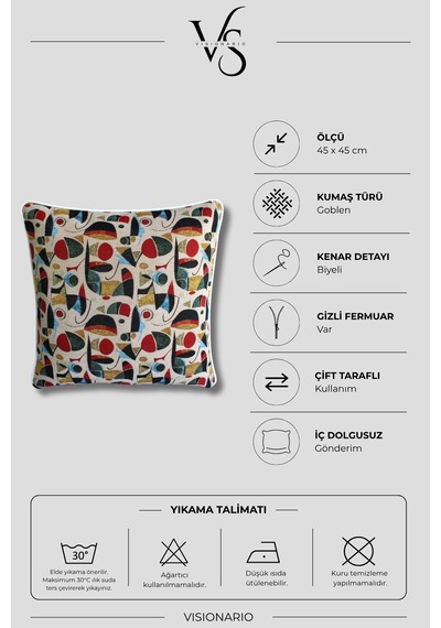 Desenli Goblen Dokuma Dekoratif Biye Kenarlı Kırlent Kılıfı Ekru