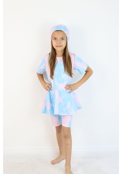Lyraxkids Kız Çocuk Bisiklet Yaka Etekli Mayo Ve Tayt Bone Dahildir. Pembe - Mavi