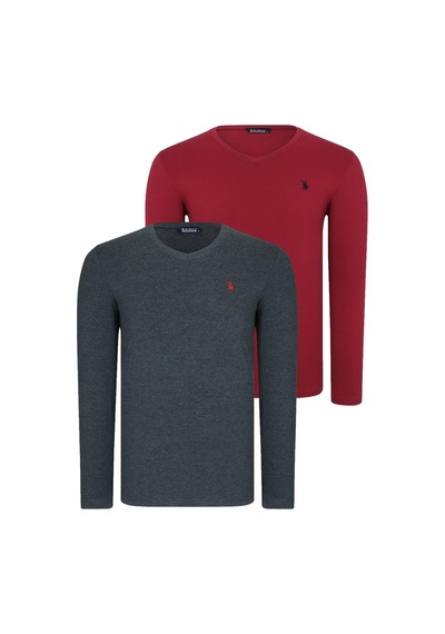 İkili Set T8587 Dewberry V Yaka Erkek Sweatshırt-bordo-antrasit Bordo-antrasit