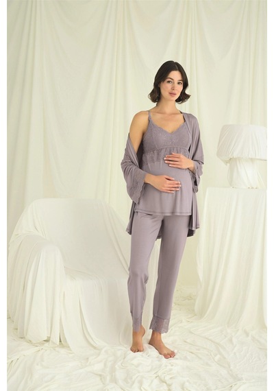 L'ombre Dantelli Hamile Lohusa 3lü Pijama Takımı