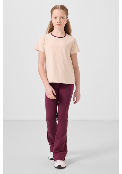 Tommylife Bej-bordo Pamuklu O Yaka Standart Fit Basic İspanyol Paça Kız Çocuk Tayt Takım - 75192 Bej