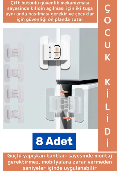 Kendinden Yapışkanlı Montaj Gerektirmez Estetik Buzdolabı Çekmece Dolap Kapağı Çocuk Kilidi 8 Adet Çok Renkli