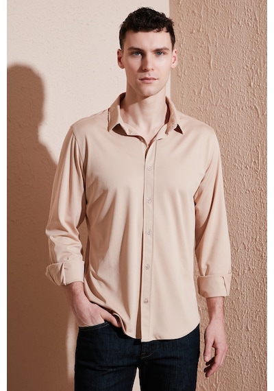 Buratti Pamuklu Regular Fit Düz Yaka Erkek Gömlek Cf25S119628 Bej