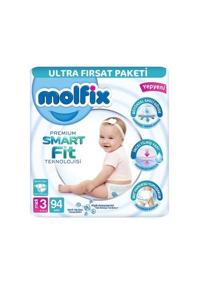 Molfix Premium Smart Fit Bebek Bezi 3 Beden 4-9 Kg Midi 564 Adet 3 Numara