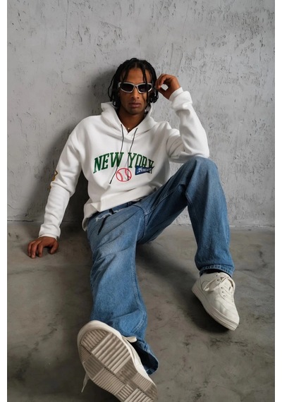 Baskılı Kapüşonlu Sweatshirt - Beyaz - Beyaz