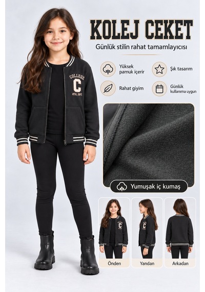 Ahengim Kız Çocuk Fermuarlı Kolej Ceket Cepli Nakış Detaylı Uzun Kollu Sweatshirt Ak26690 Siyah