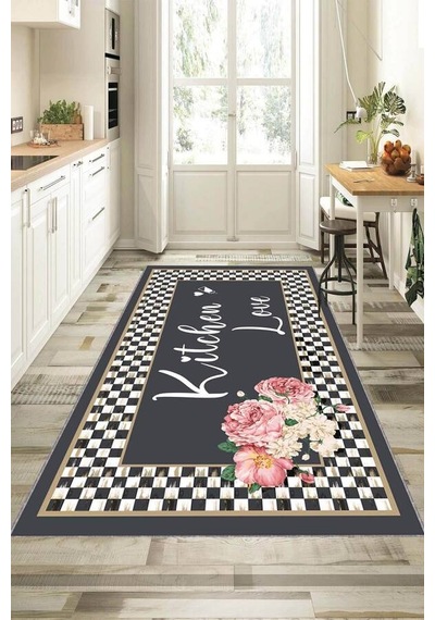 Antrasit Kaymaz Tabanlı Kitchen Love Mutfak Halısı Vh092n11