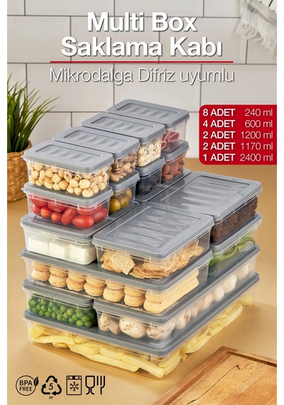 Multi Box 17 Parça 5 Farklı Boy Saklama Kabı Seti - Dondurucu & Mikrodalga Uyumlu Gri