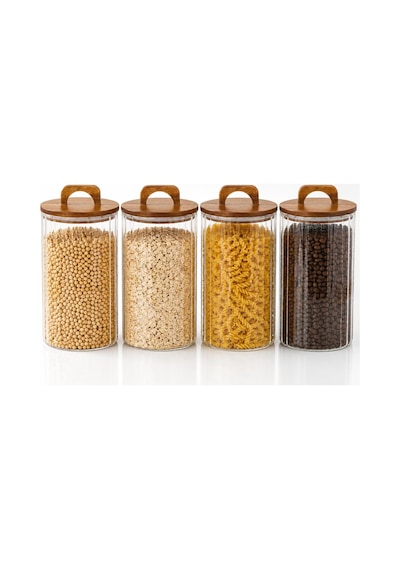 Tr 2450 Ml Zahire Kavanozu 4'lü Set, Ahşap Kapaklı Kulplu Cam Erzak Saklama Kabı, Bakliyat Makarna Kahve Kuruyemiş Diğer