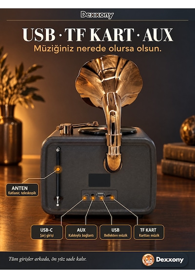 Dexxony Dx-2528 Antrasit Nostaljik Radyo Retro Gramofon Büyük Boy Şarjlı Bluetooth Hoparlör Fm Usb